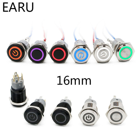 16mm New Waterproof Metal Push Button Switch LED Light Black Momentary Latching Car Engine PC Power Switch 3-380V Red Blue Green ► Photo 1/6