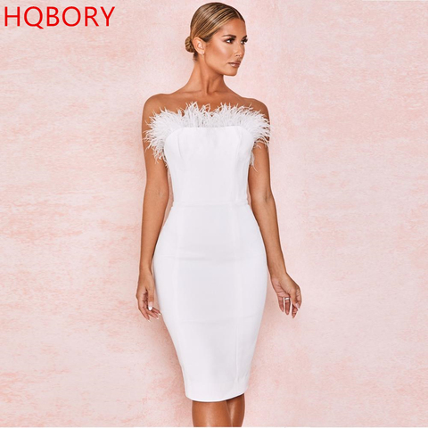 HQBORY 2022 New Autumn Women White Feathers Bandage Dress Vestidos Sexy Sleeveless Strapless Bodycon Club Celebrity Party Dress ► Photo 1/6