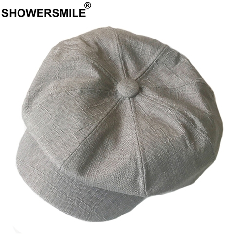 SHOWERSMILE Linen Newsboy Cap Women Solid Vintage Octagonal Cap Men British Style Painter Hat Grey Khaki Autumn Caps And Hats ► Photo 1/6