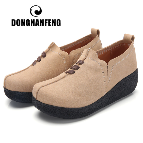 DONGNANFENG Women Female Mother Ladies Genuine Leather Cow Suede Shoes Flats Platform Slip On Korean Plus Size 42 43 LLX-3022 ► Photo 1/6