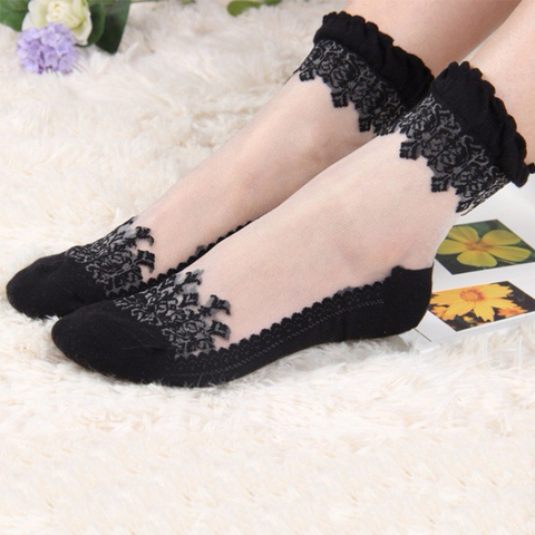 2 Pair Women Lace Ruffle Ankle Sock Soft Comfy Sheer Silk Cotton Elastic Mesh Knit Frill Trim Transparent Women's socks Hot 2022 ► Photo 1/6