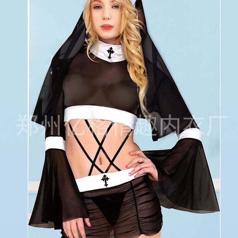 2022 Black Nun Costumes Dress Babydoll Cosplay Uniform Transparent Sexy Lingerie Exotic Outfit Clothing Long Trumpet Sleeve ► Photo 1/3