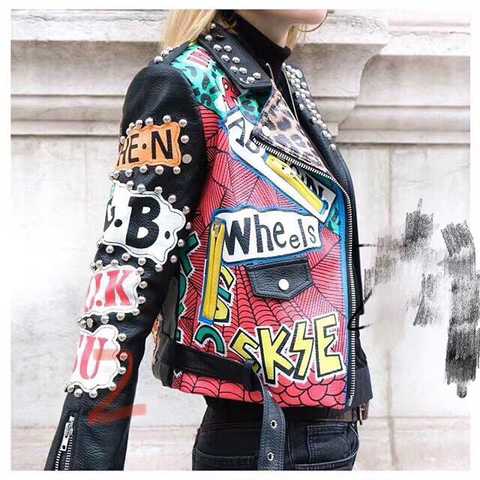 Autumn spring Locomotive graffiti cartoon pu Leather Jacket female Punk Style was thin Motorcyle Jackets Coat with belt F1962 ► Photo 1/6