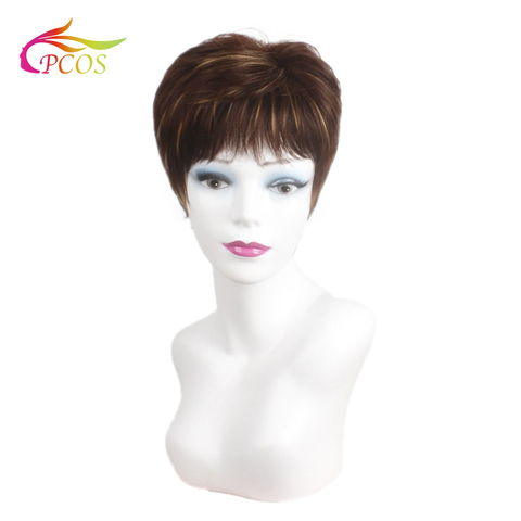 Short Female Brown Wig for African American Women with Bangs Haircut Fluffy Straight Natural Synthetic Hair Wigs ► Photo 1/6