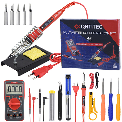 QHTITEC Electric Soldering Iron Kits Portable LCD Welding Tool Tin Adjustable Temperature Wooden Iron Set for Diy Kit Tip 80W ► Photo 1/6