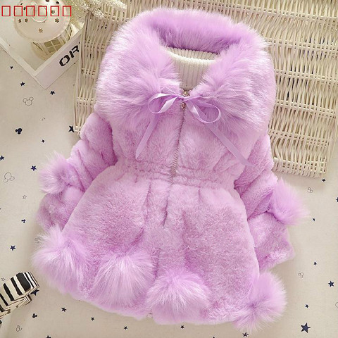 2022 Winter New Baby Girls Lmitation Fur Coat Long Jacket Warm Sweater Children Big Fur Collar Thick Cotton Children's Clothing ► Photo 1/5