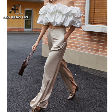 AEL Summer Wide Leg Pants For Women Trousers High Waist Satin Wide Pant 2022 Casual Apricot Women Summer Pants Formal Woman ► Photo 1/6