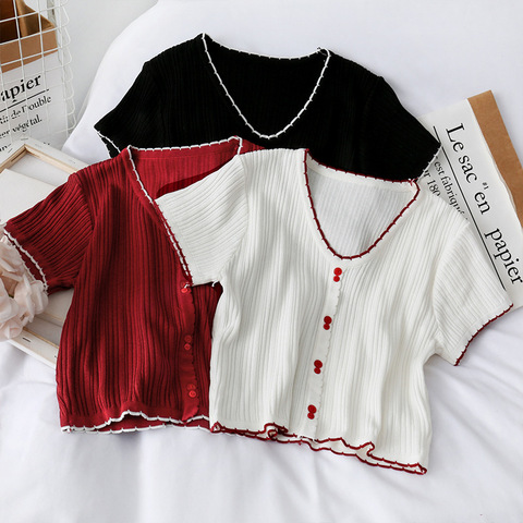 T-shirts Women Flounce Hem Tee Female Buttoned Up Tops V-Neck Solid Cotton Solid Short Sleeve T-shirt 2022 Summer ► Photo 1/6