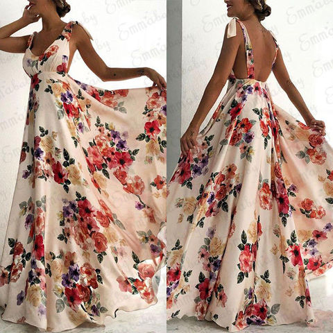 Fashion Summer Women Boho Long Maxi Dress Backless Sleeveless V Neck Flower Dress Evening Party Beach Dresses Sundress ► Photo 1/6