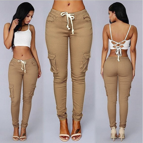 Ogilvy Mather 2022 Spring Lace Up Waist Casual Women Pants Solid Pencil Pants Multi-Pockets Plus Size Straight Slim Fit Trousers ► Photo 1/6
