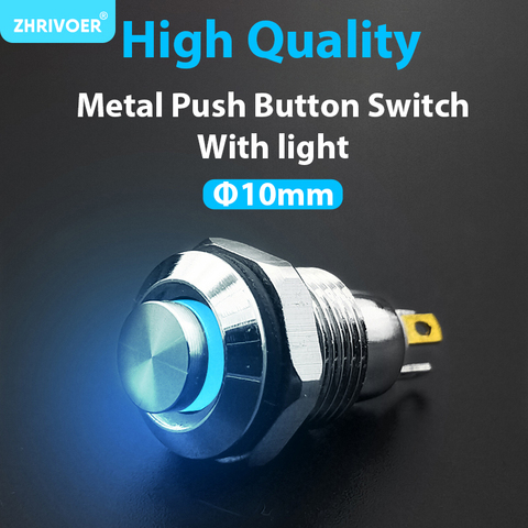 10pcs 10mm With LED indicator Self-reset Momentary Self-locking Latching Metal Push Button Switch 4pins high head 3v6v12v24v220v ► Photo 1/6