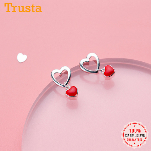Trusta 100% 925 Sterling Silver Women Jewelry Fashion Tiny 9mmX16mm Hollow Out Red Heart Stud Earrings For Daughter Girls DS577 ► Photo 1/4