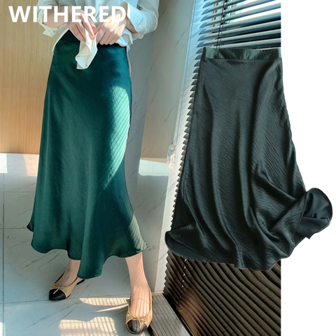 Withered england style office lady simple solid satin elegant summer midi skirt women faldas mujer moda 2022 long skirts womens ► Photo 1/6