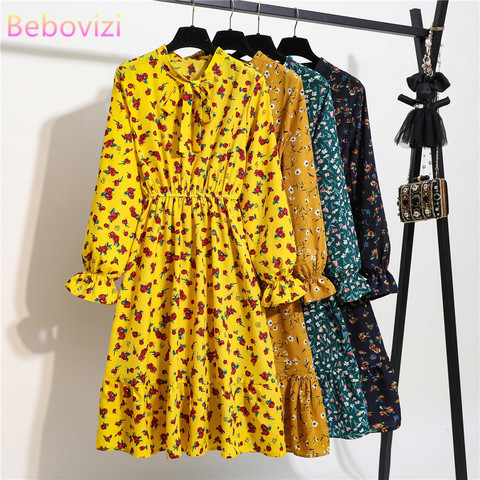 Chiffon Floral Women's New Vintage Long Sleeve Spring Fall Summer Shirt  Dresses