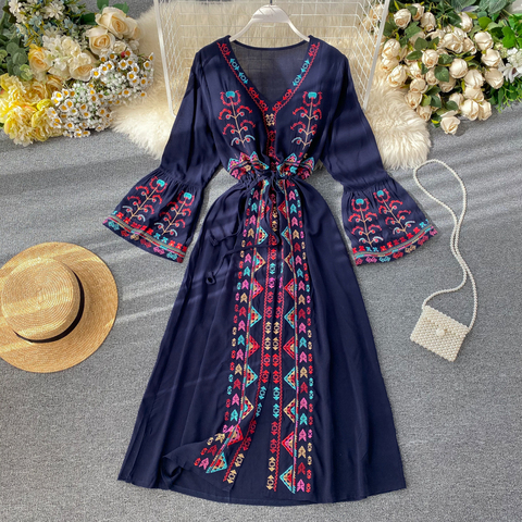 Summer Women's Dress Heavy Industry Embroidery V-neck Drawstring Trumpet Sleeves Ethnic Style Thin Waist Long Dresses LL040 ► Photo 1/6