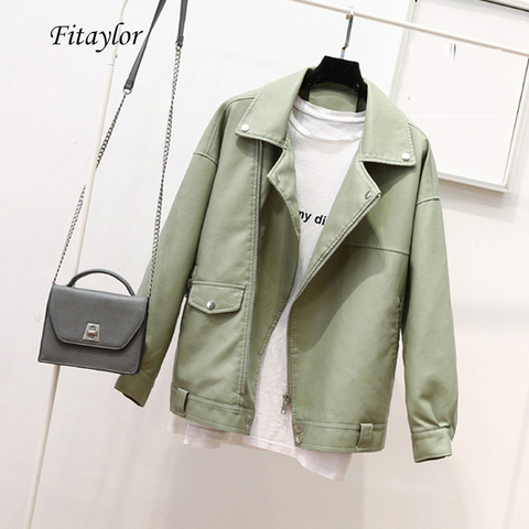 Fitaylor Autumn Faux Soft Leather Pu Jacket Women Loose Punk Coat Female Turndown Collar Moto Biker Rivet Zipper Street Overcoat ► Photo 1/6