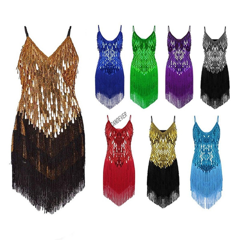 Ladies Women's Red Blue Gold Sexy Tassel Latin Dance Dress Fringe Sequin Salsa Ballroom Tango Cha Cha Rumba Samba Dance Dresses ► Photo 1/6