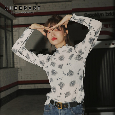 CHEERART Vintage T Shirt Long Sleeve Top Floral Print White Tee Shirt Turtle Neck Underwear Women Korean Style Fall 2022 ► Photo 1/6