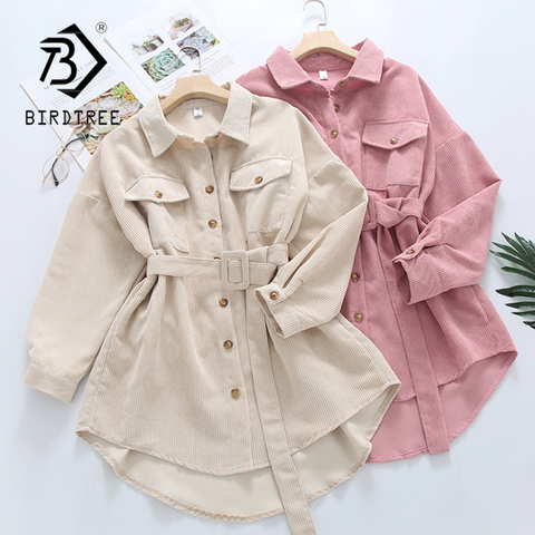 Spring New Women Solid Corduroy Batwing Sleeve Vintage Blouse With Belt Turn-Down Collar Loose Long Shirt Female Casual Tops T0D ► Photo 1/6