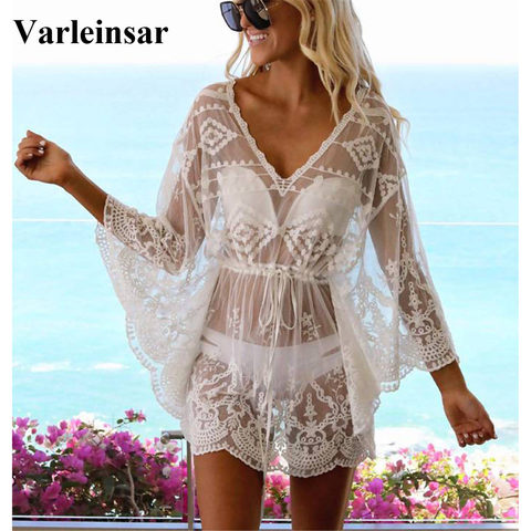 2022 Sexy Lace Crochet Tunic Beach Cover Up Bikini Swimsuit Cover-ups Beach Dress Beach Wear Beachwear Female Women V2051 ► Photo 1/6