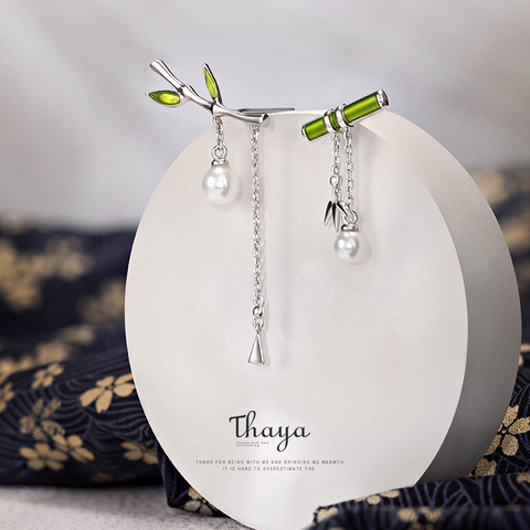 Thaya Real S925 Needles Silver Earring Green Bamboo Earring Dangle With Pearl Retro Style For Women Silver Earring Fine Jewelry ► Photo 1/6