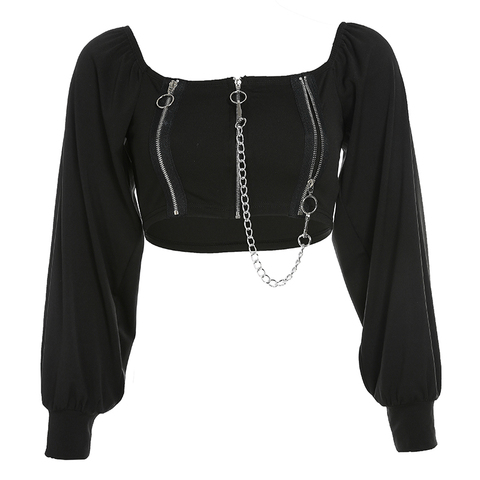 ITOOLIN Sexy goth Dark Ring Chain vintage Women's long sleeve top Girls Crop top Women's t-shirt 2022 with zipper y2k top female ► Photo 1/6