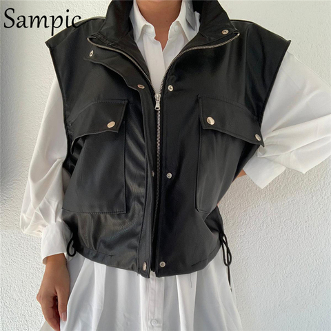 Sampic Fashion Waistcoat PU Leather Black Pocket Winter Jacket Women Tops 2022 Short Sleevless Autumn Khaki Coat Vest Femme ► Photo 1/6