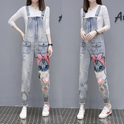 MUMUZI Fashion heavy work beaded sequins jeans flower cute kitten hole denim jumpsuit cartoon strapless overalls pants ► Photo 1/6