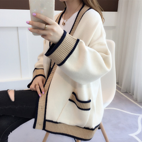 Women's Cardigan Knitted Korean Fashion Stripe Wool Sweater for Women Winter Long Sleeve V-neck Casual Knitwear Coats Female ► Photo 1/6