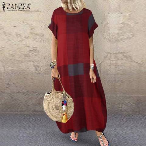 Fashion Summer Check Maxi Dress ZANZEA 2022 Women's Baggy Sundress Casual Short Sleeve Vestidos Female Plaid Robe Plus Size 5XL ► Photo 1/5