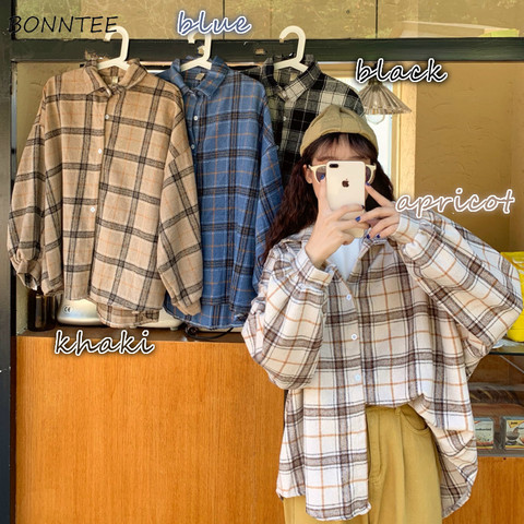 Blouses Shirts Women Plaid All-match Harajuku Casual Loose Large Size 3XL Streetwear Preppy Batwing-sleeve Womens Outwear 4color ► Photo 1/6