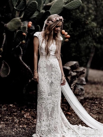 Short Sleeve Lace Sheath Boho Bohemian Wedding Bride Dress REAL PHOTO FACTORY PRICE CUSTOM MADE ► Photo 1/6