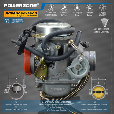 Powerzone  Carburetor PD24J 24mm  CVK  Accelerator Pump Carb For GY6 125CC/150CC QMJ/QMI157/152 engine.ATVs, Go Karts and Scoote ► Photo 1/6