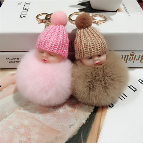 New Pompom sleeping baby keychain cute fluffy Plush doll Keychains Women Girl Bag keyrings Cars Key ring Jewelry Gift porte cl ► Photo 1/6