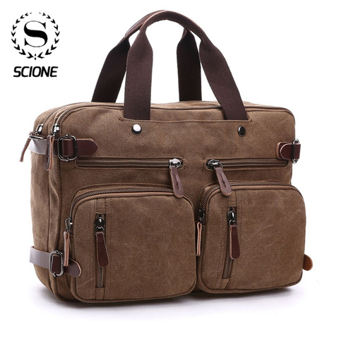 Scione Men Canvas Bag Leather Briefcase Travel Suitcase Messenger Shoulder Tote Back Handbag Large Casual Business Laptop Pocket ► Photo 1/6