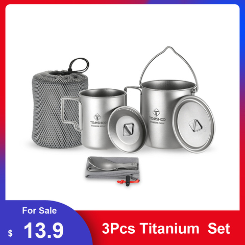 TOMSHOO 3Pcs Titanium Pot Water Mug Cup Set Lightweight Mug Outdoor Camping Pot Picnic Hang Pot Cooking Pots with Folding Spork ► Photo 1/6