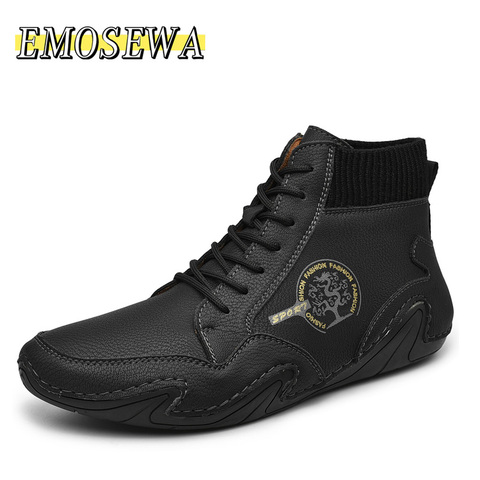 EMOSEWA Men Snow Boots Winter Plush Warm Men Motorcycle Boots Fashion Non-slip Male Ankle Boots Waterproof Autumn Man Work Shoes ► Photo 1/5