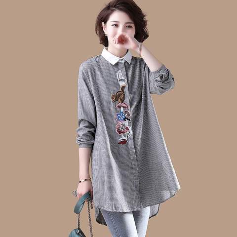 Long Shirt Women Blouse Plus size  Striped Embroidery Ladies Office Shirt Cotton Linen Long sleeve Casual ► Photo 1/6