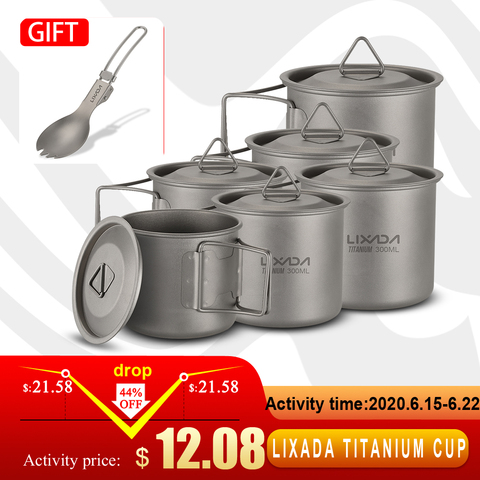 Lixada Titanium Cup Mug Pots Outdoor Tableware Camping Cup Picnic Water Cup Mug of Coffee Tea with Lid Handle 300/350/550/650ml ► Photo 1/6