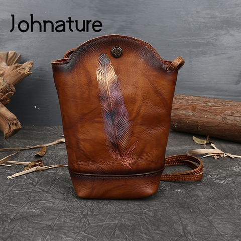 Johnature Genuine Leather Women Bucket Bag 2022 New Ladies Mini Bags Retro First Layer Cowhide Female Shoulder Messenger Bag ► Photo 1/6