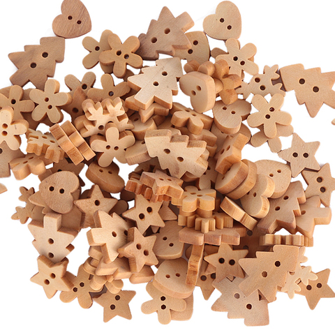 100pcs/set Christmas Tree Snowflake Heart Mixed Decorative Wood Buttons 2 Holes Nature Wooden Sewing Button DIY Crafts ► Photo 1/6