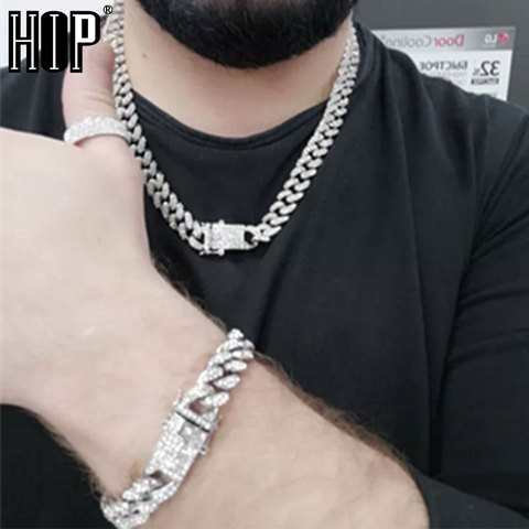 Hip Hop Iced Out Paved Rhinestones 1Set 13MM Silver Color Full Miami Curb Cuban Chain CZ Bling Rapper Necklaces For Men Jewelry ► Photo 1/6