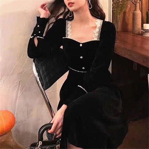 Winter Vintage Black Dress Women Casual Elegant Long Sleeve Square Collar Gothic Party Dress Female 2022 One-piece Dress Korean ► Photo 1/6