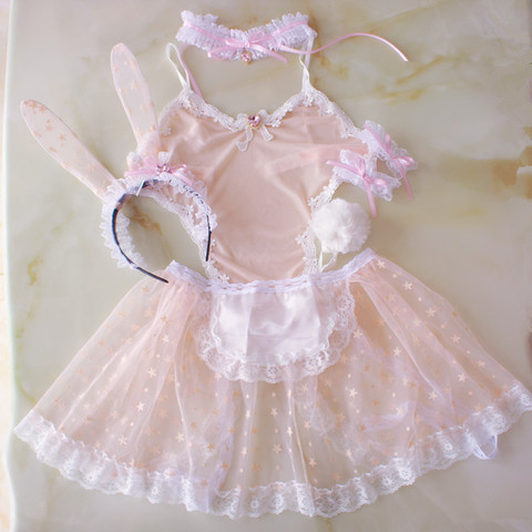 Sexy Cute Girls Women's Pink Bunny Maid Transparent Exotic Set Kawaii Cosplay Rabbit Ears Tail Necklace Apron Lingerie Babydoll ► Photo 1/6