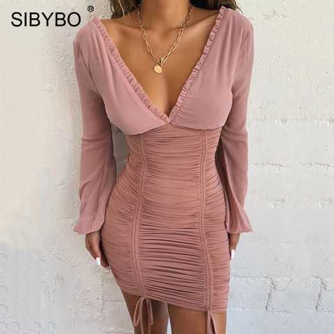 Sibybo Mesh Patchwork Pleated Autumn Dress Women Deep V-Neck Long Sleeve Mini Sexy Bodycon Dresses Backless Party Vestidos 2022 ► Photo 1/6