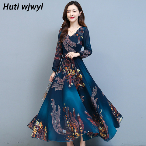 Autumn Winter Vintage Plus Size Boho Dress Floral Chiffon Long Sleeve Casual Beach Dress 2022 Women Bodycon Party Maxi Vestidos ► Photo 1/6