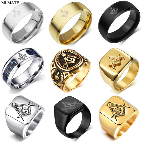 Men Punk Retro Free Mason Freemasonry Masonic AG Ring Gold Black Color Titanium Stainless Steel Rings Drop Shipping ► Photo 1/6