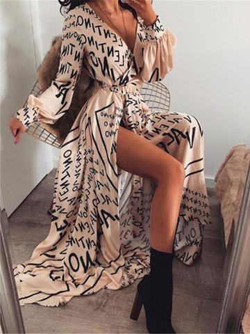 Boho Printed Floral Long Maxi Dress Women Female Casual Loose Ankle-Length Empire V-Neck Long Splits Dresses Vestidos ► Photo 1/5