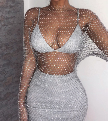 DIRTYLILY New Crystal Diamond Sexy Bodycon Dress Women Hollow Out Long Sleeve Mini Dress 2022 Summer  See Through Party Dress ► Photo 1/6
