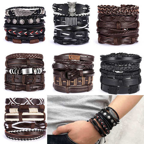 Vintage Multiple Charm Bracelets Set For Men Woman Fashion Wristbands Owl Leaf Leather Bracelet Bangles 2022 Party Jewelry ► Photo 1/5